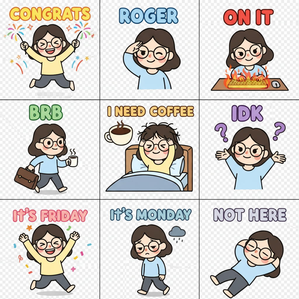 The image is a collage of nine cartoon illustrations featuring a woman with glasses expressing different emotions and situations. These include celebrating, saluting, working with a burning keyboard, being busy, needing coffee, being unsure, celebrating Friday, feeling down on Monday, and relaxing.