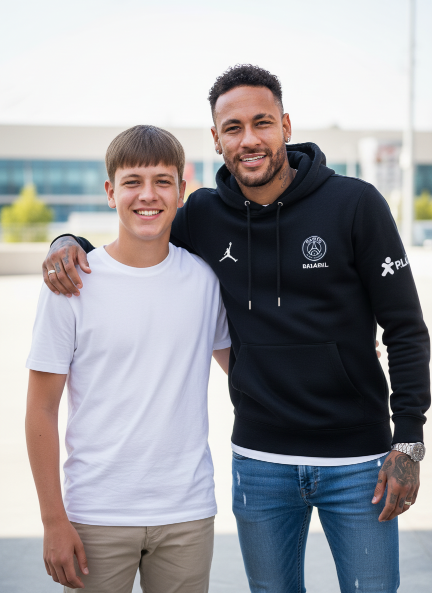 The image shows Neymar posing with a fan. Neymar is wearing a black hoodie and jeans, while the fan is wearing a white t-shirt and khaki pants. They are both smiling.