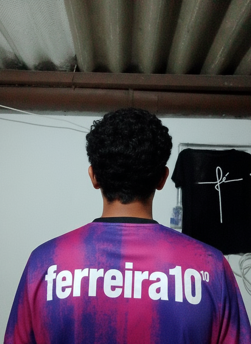 The image shows the back of a person wearing a purple and pink soccer jersey with the name "ferreira10" printed on it. There is a black t-shirt with a white cross design hanging in the background.