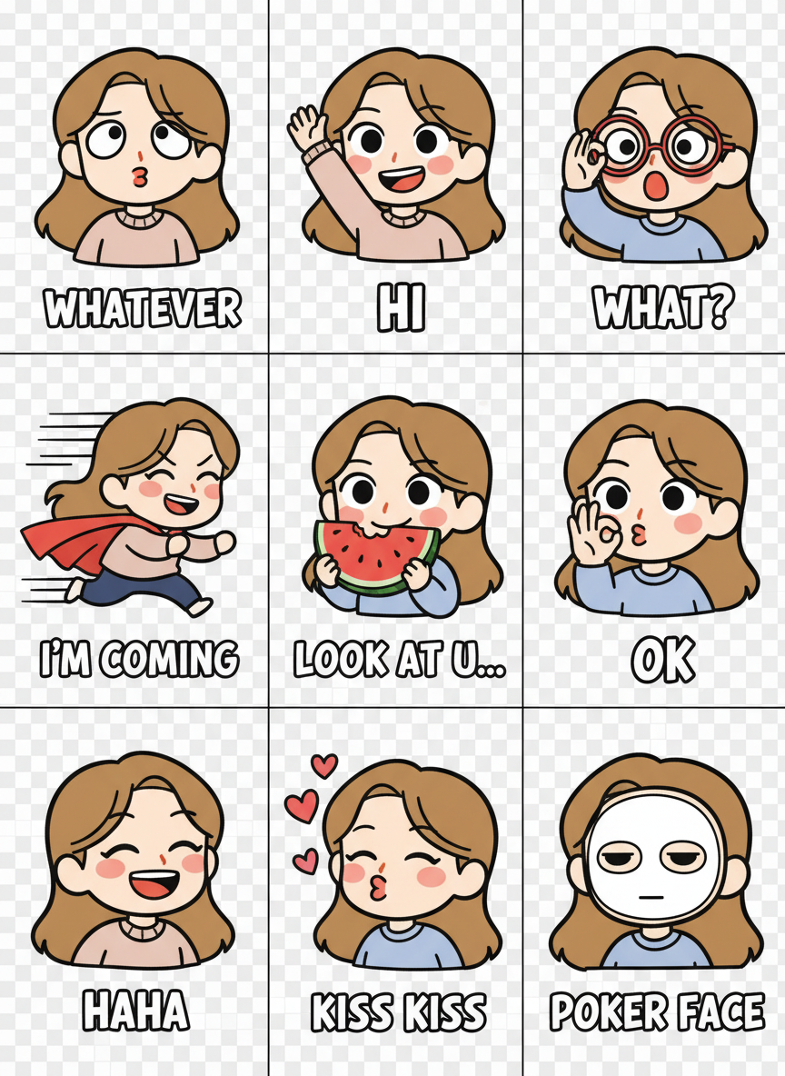 The image shows a grid of cartoon-style illustrations of a girl with brown hair expressing different emotions and actions. Each illustration is accompanied by text describing the emotion or action, such as "Whatever," "Hi," "What?," "I'm Coming," "Look at U...", "OK", "Haha", "Kiss Kiss", and "Poker Face."