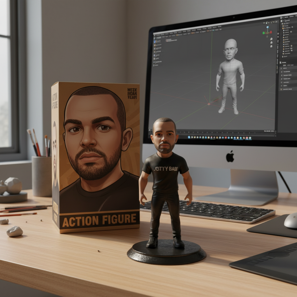 The image shows a desk with a computer, a box with a cartoon face on it labeled "ACTION FIGURE", and a small action figure of the same person in front of the box. The computer screen displays a 3D model of the same person.