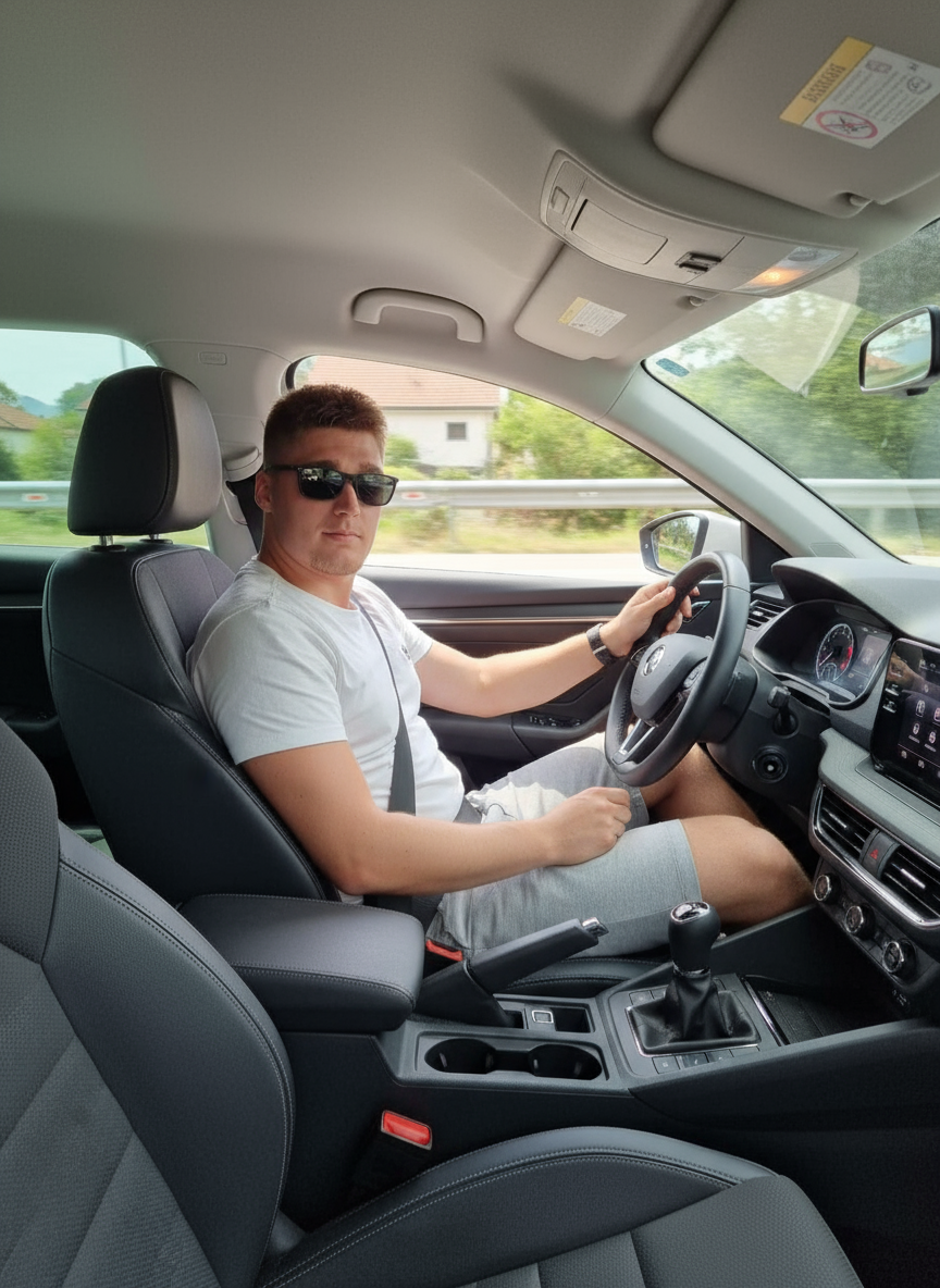 A man is driving a car, wearing sunglasses and a white t-shirt.