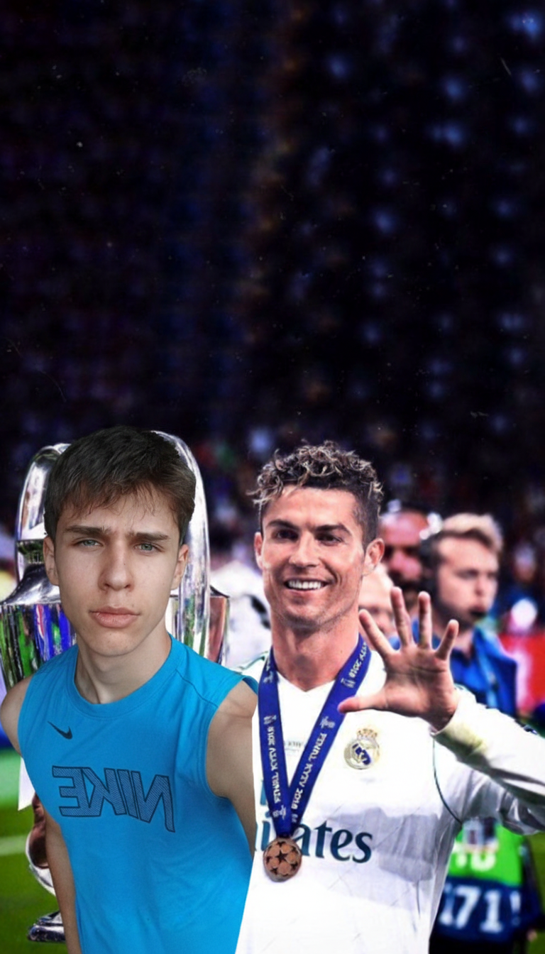 The image shows a collage with two men. One is wearing a blue tank top with the word 'NIKE' on it, and the other is Cristiano Ronaldo in a Real Madrid jersey with a medal around his neck. There is a trophy in the background.