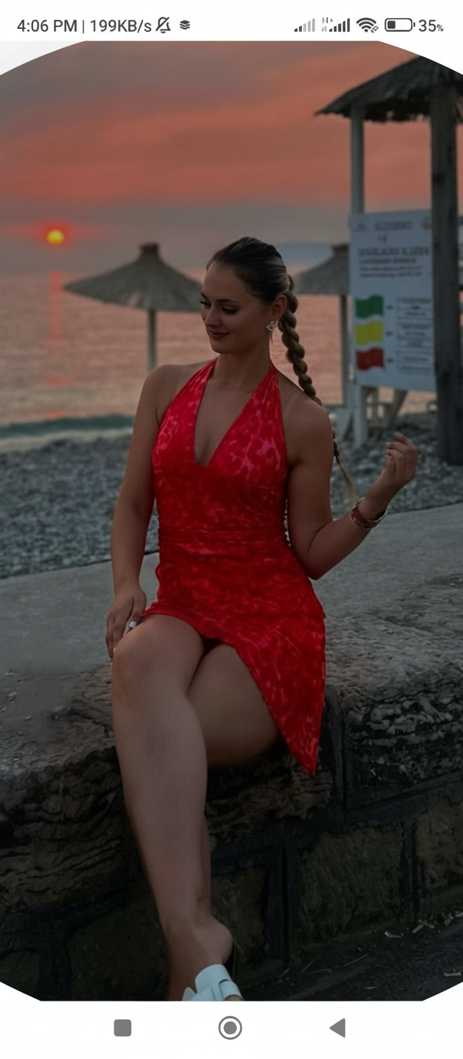 A woman is sitting on a ledge near a beach at sunset, wearing a red dress.