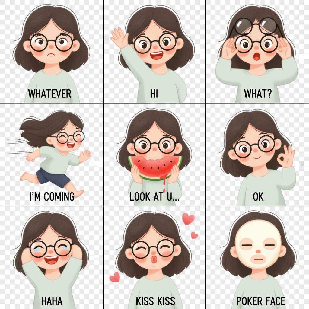 The image shows a cartoon girl with glasses expressing different emotions and phrases, such as 'Whatever', 'Hi', 'What?', 'I'm coming', 'Look at U...', 'OK', 'Haha', 'Kiss Kiss', and 'Poker Face'.