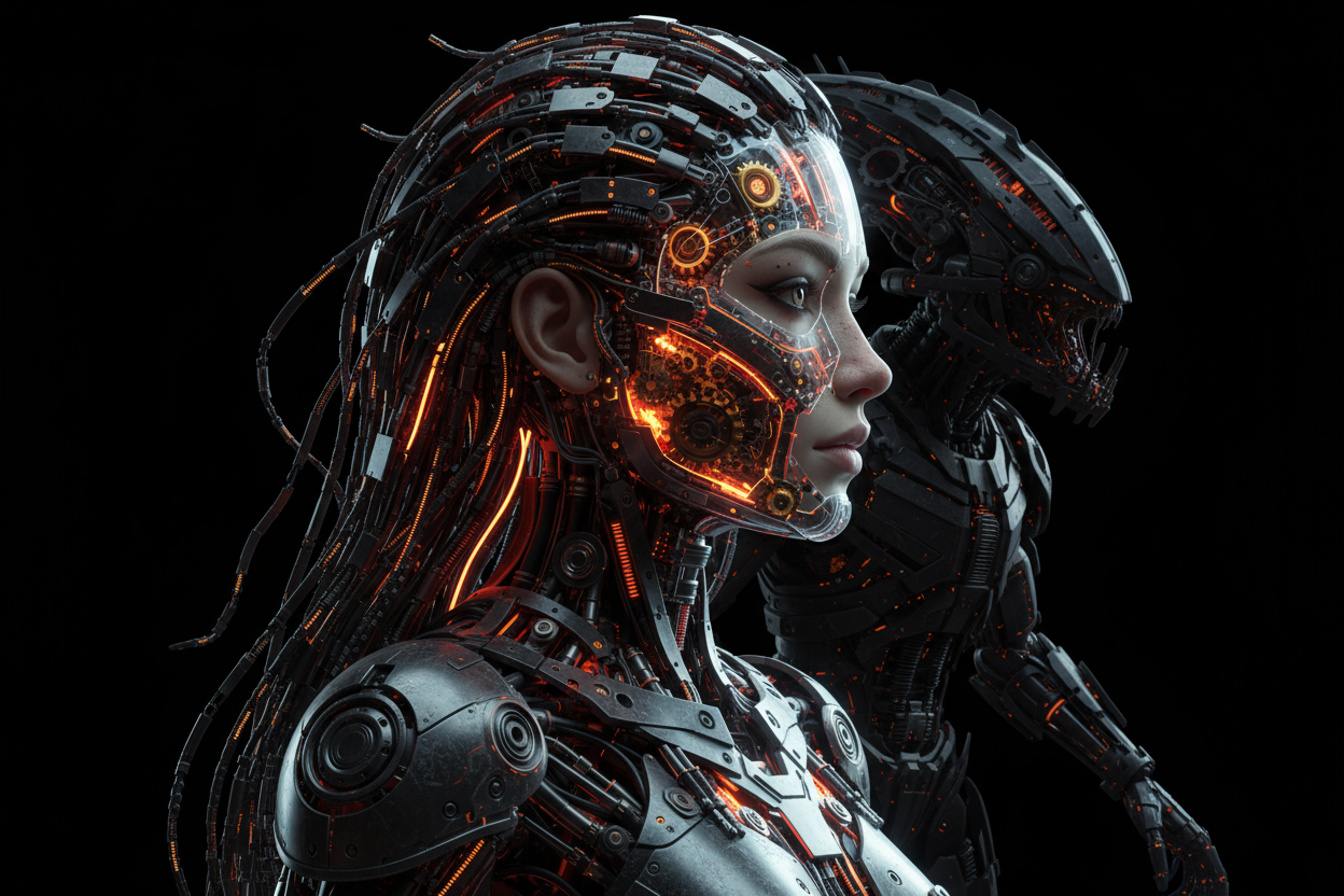 The image features a close-up of a cyborg woman with intricate mechanical details and glowing orange accents. Behind her is a larger, more menacing robotic figure, also with similar mechanical details. The background is black.