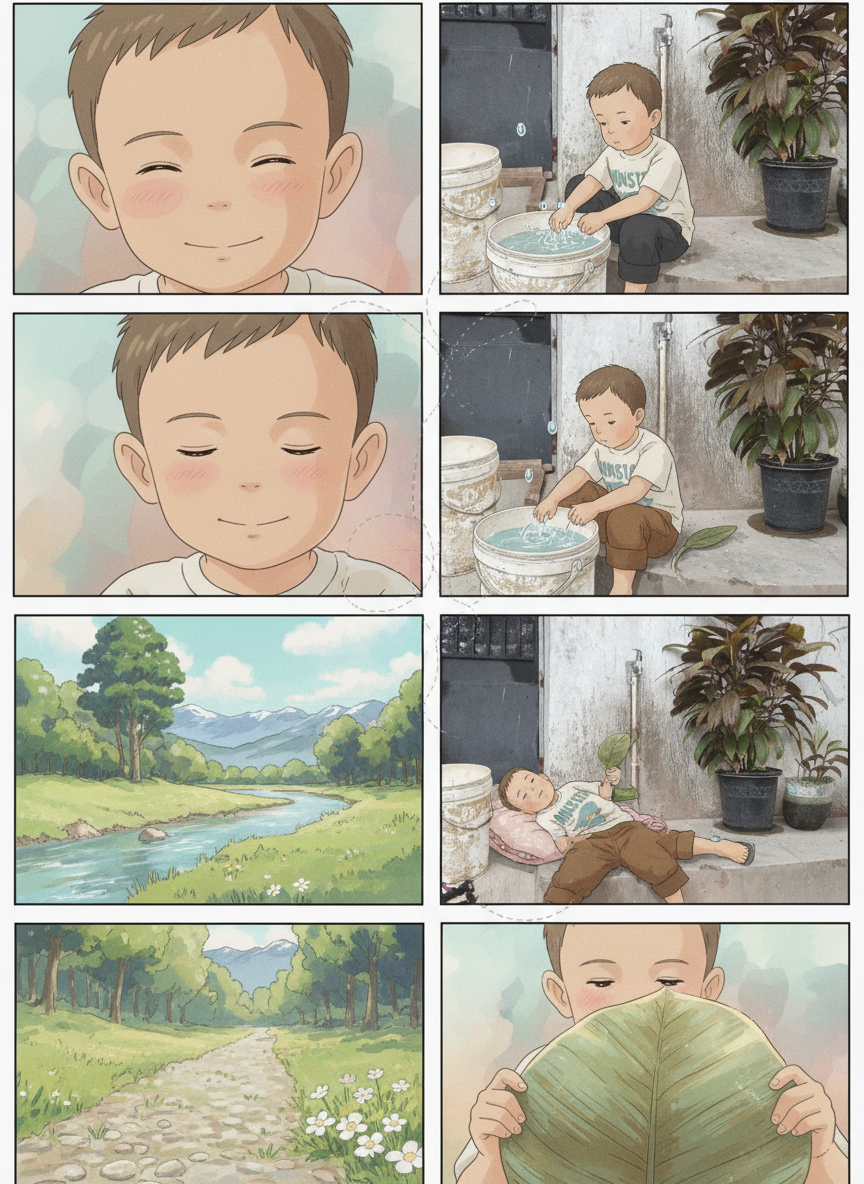 The image is a comic strip depicting a young boy. In the first two panels, the boy is shown with his eyes closed and then playing with water in a bucket. The next two panels show a scenic landscape with a river and mountains, and a path through a forest. The following panels show the boy sleeping and then holding a large leaf in front of his face.