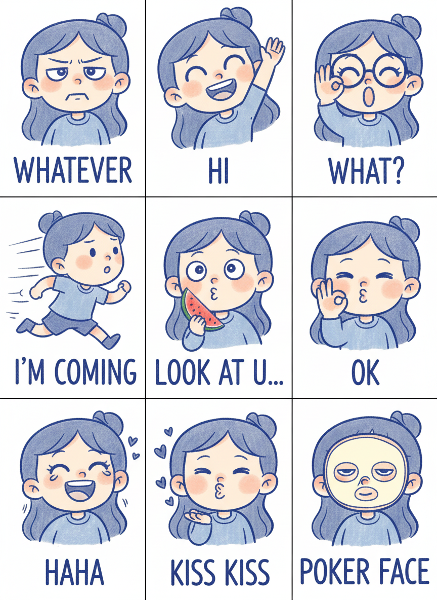 The image shows a grid of cartoon drawings of a girl expressing different emotions and actions, labeled with words like 'WHATEVER', 'HI', 'WHAT?', 'I'M COMING', 'LOOK AT U...', 'OK', 'HAHA', 'KISS KISS', and 'POKER FACE'.
