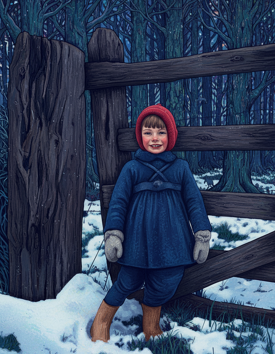 A young girl in a red hood and blue coat stands in the snow near a wooden fence, with a forest in the background.