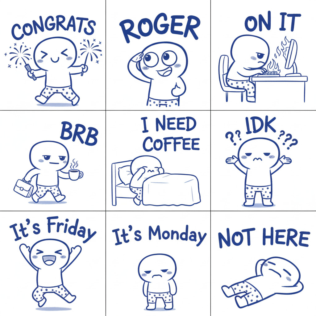 The image is a cartoon grid depicting a character in various situations and moods throughout the week. The character is wearing underwear in all panels. The panels include: celebrating with sparklers (CONGRATS), saluting (ROGER), working at a computer with flames (ON IT), going to work with coffee (BRB), needing coffee in bed (I NEED COFFEE), shrugging (IDK), celebrating Friday (It's Friday), being sad on Monday (It's Monday), and lying down (NOT HERE).