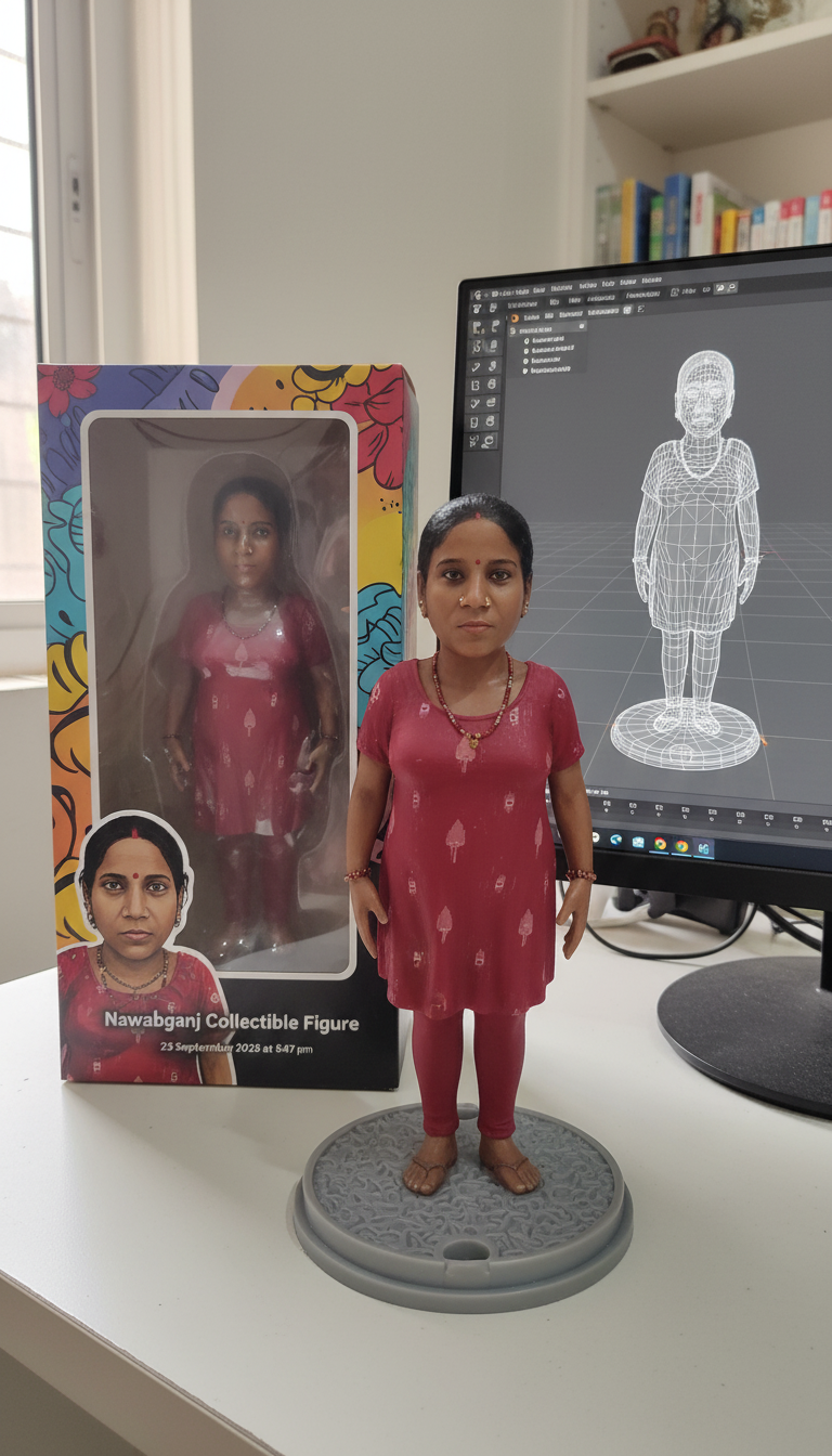 The image shows a collectible figure of a woman in a red outfit, along with its packaging and a 3D model of the figure on a computer screen.