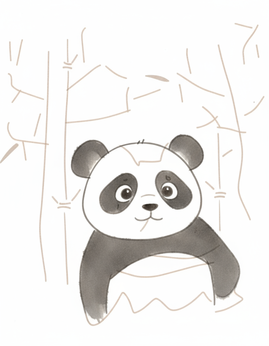 The image shows a cartoon-style drawing of a panda bear standing in front of bamboo stalks.