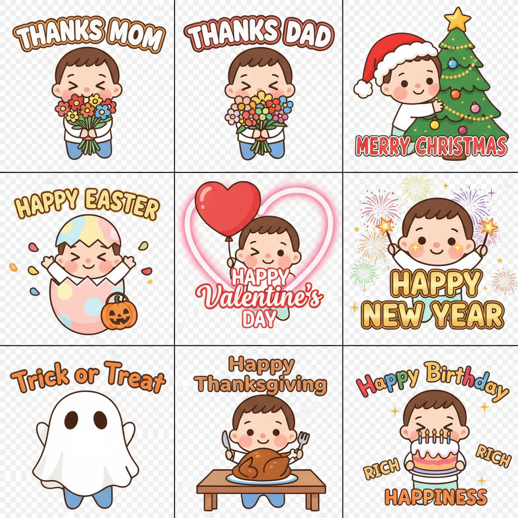 The image is a collage of cartoon illustrations celebrating various holidays and occasions. It includes images for Mother's Day, Father's Day, Christmas, Easter, Valentine's Day, New Year, Halloween, Thanksgiving, and Birthday.