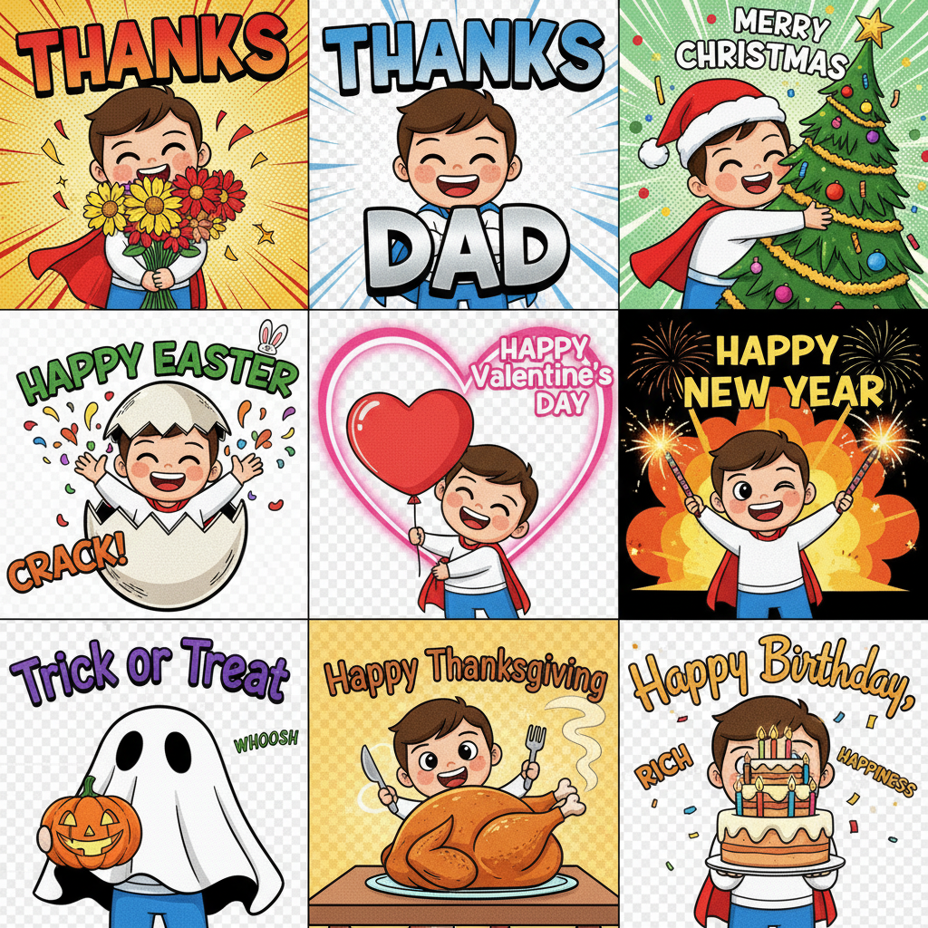 The image is a collage of nine cartoon illustrations featuring a boy celebrating different holidays and occasions, including Thanksgiving, Christmas, Easter, Valentine's Day, New Year, Father's Day, a birthday, and Halloween.