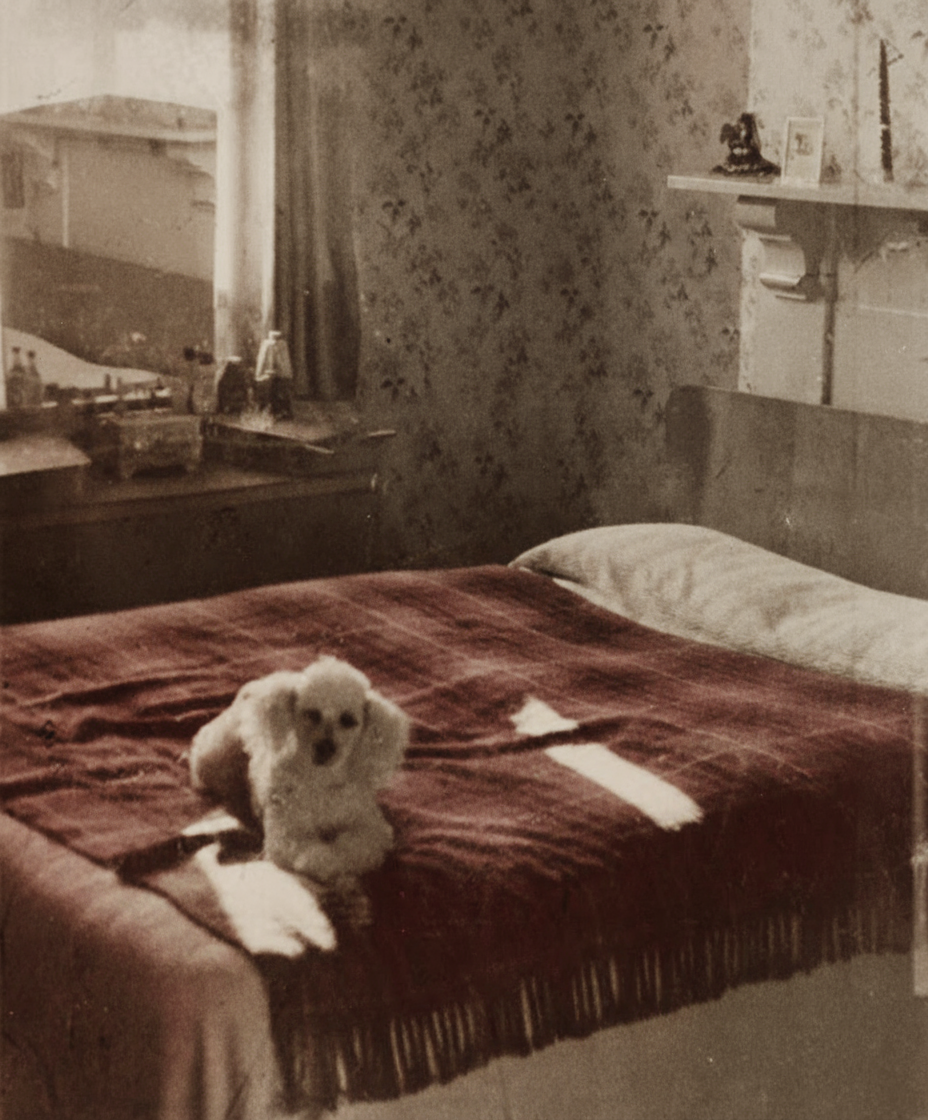 The image shows a small white dog sitting on a bed with a red blanket. There is a window and a shelf in the background.