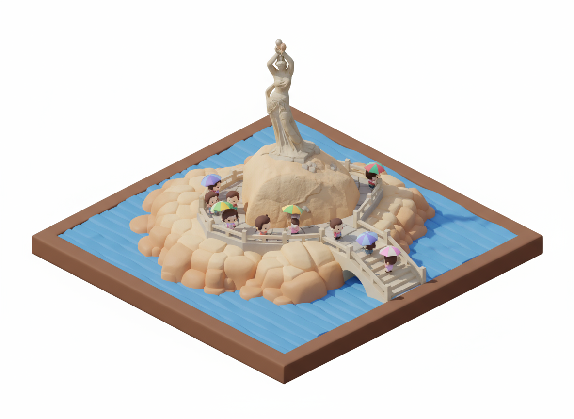 The image shows a miniature isometric view of a statue on a small island surrounded by water. There are cartoon-style figures with umbrellas walking around the statue.