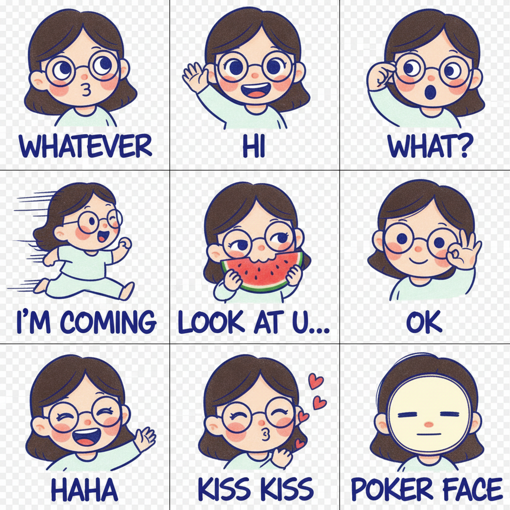 The image shows a grid of cartoon illustrations of a girl with glasses expressing different emotions and phrases, such as 'Whatever', 'Hi', 'What?', 'I'm coming', 'Look at U...', 'OK', 'Haha', 'Kiss Kiss', and 'Poker Face'.