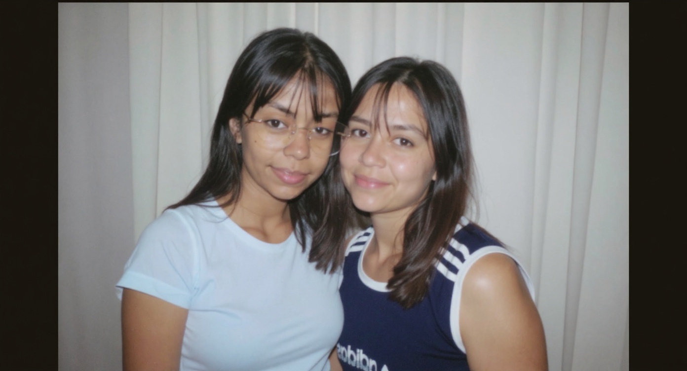 The image shows two women posing for a photo. One is wearing glasses and a light blue t-shirt, and the other is wearing a dark blue tank top with white stripes. They are standing close together in front of a white curtain.