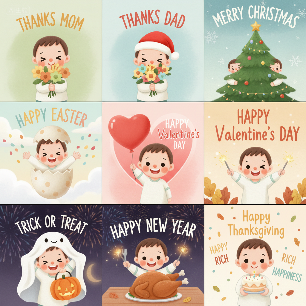 The image is a collage of nine illustrations featuring a cartoon child celebrating different holidays and occasions. These include Mother's Day, Father's Day, Christmas, Easter, Valentine's Day, Halloween, New Year, and Thanksgiving. Each illustration has a corresponding holiday greeting.