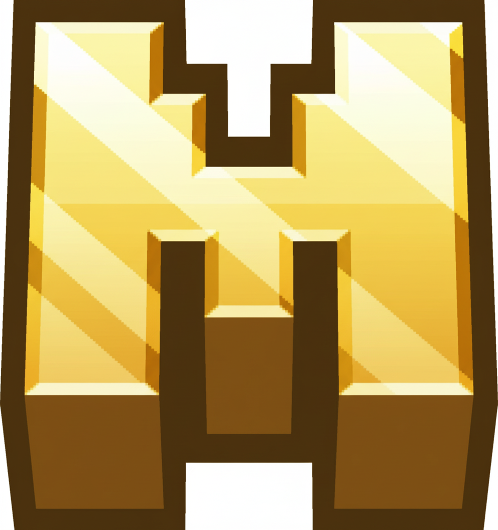 The image shows a golden, pixelated letter H with a 3D effect.