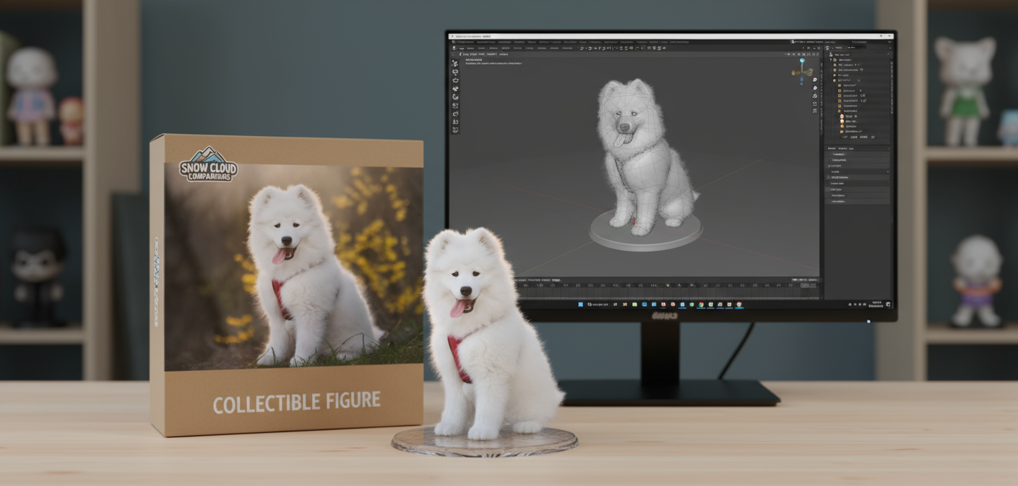 The image shows a desk with a computer monitor displaying a 3D model of a Samoyed dog. Next to the monitor is a box for a "Snow Cloud Companions" collectible figure, featuring a photo of a Samoyed dog. A physical Samoyed dog figure is also on the desk.