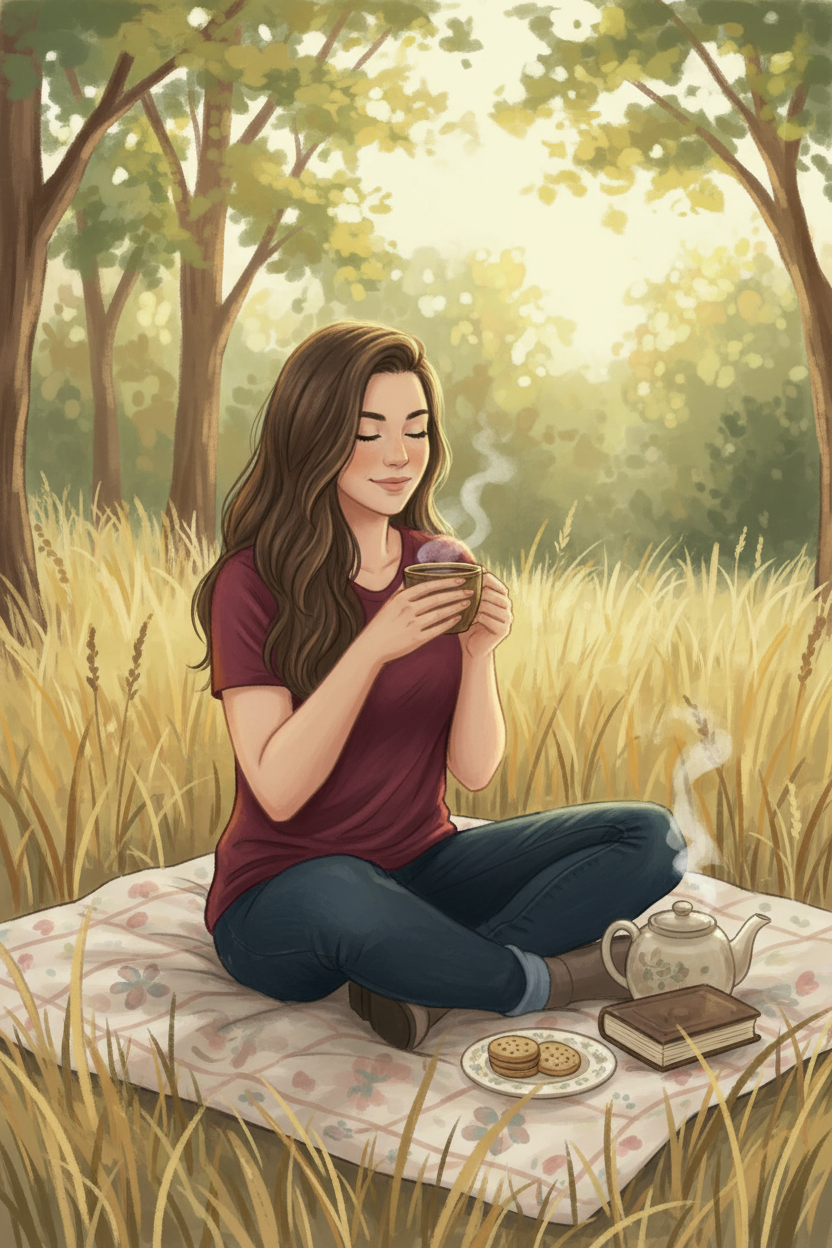 A woman is sitting cross-legged on a blanket in a field, holding a cup of tea. There is a teapot, a book, and some cookies on the blanket next to her.