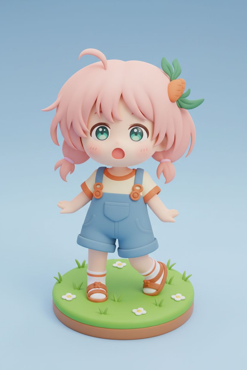 The image shows a cartoon-style figure of a young girl with pink hair, wearing a blue overall dress and sandals, standing on a green grassy base with white flowers. The background is a light blue color.