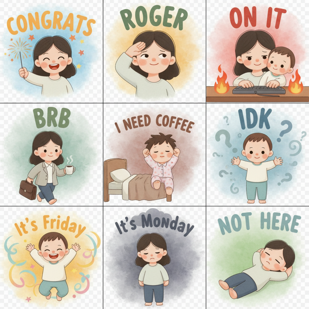 The image shows a grid of nine cartoon-style illustrations depicting various emotions and situations. They include phrases like "Congrats," "Roger," "On it," "BRB," "I need coffee," "IDK," "It's Friday," "It's Monday," and "Not here," each accompanied by a corresponding character expressing the sentiment.