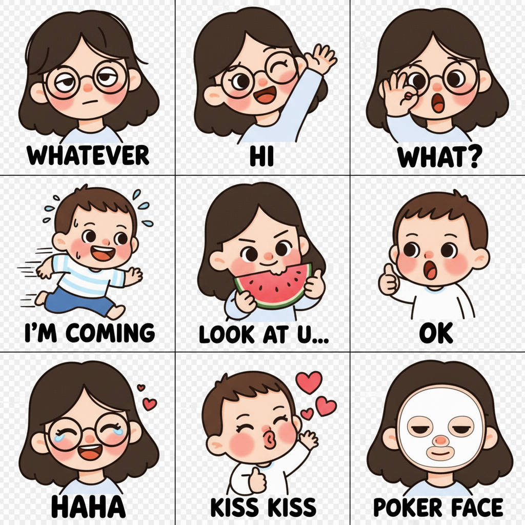 The image shows a grid of cartoon characters expressing different emotions and actions, labeled with text such as 'WHATEVER', 'HI', 'WHAT?', 'I'M COMING', 'LOOK AT U...', 'OK', 'HAHA', 'KISS KISS', and 'POKER FACE'.