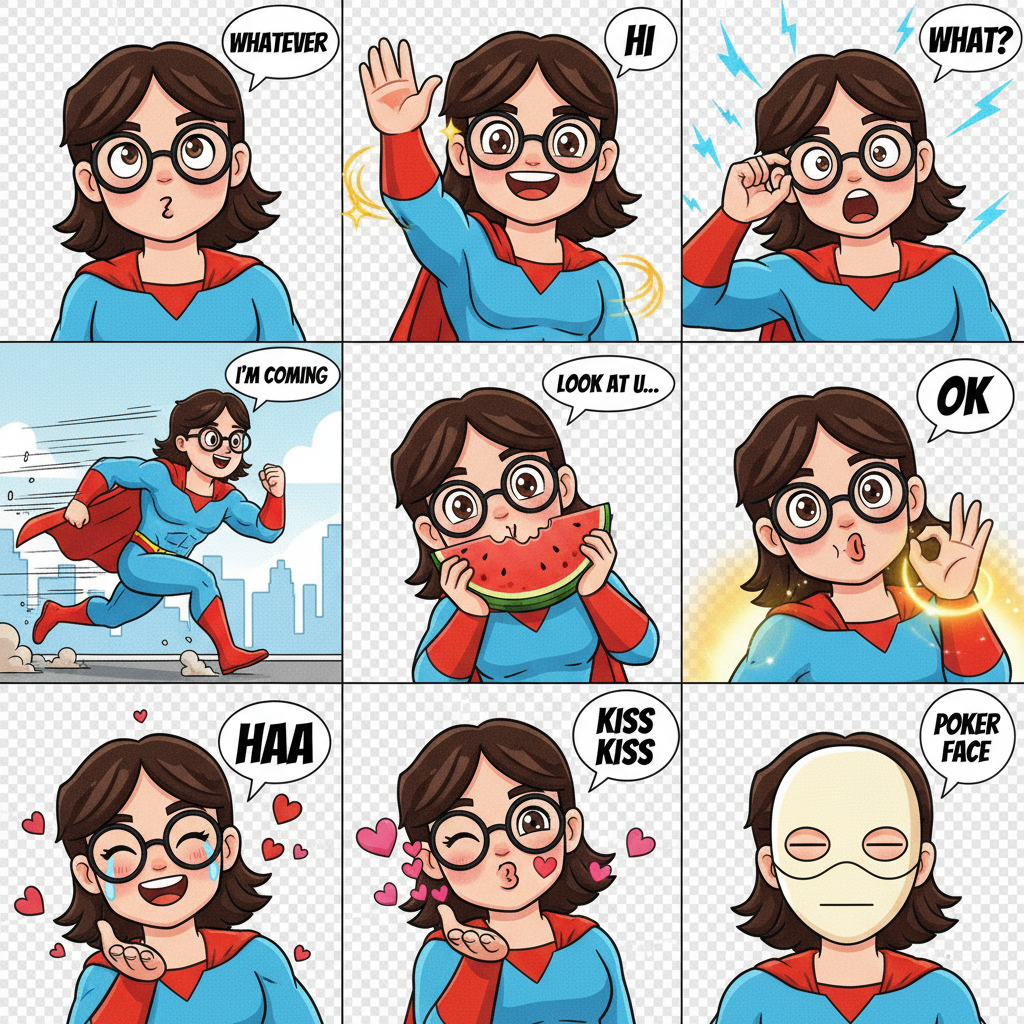 The image shows a cartoon character, a woman with glasses and a superhero costume, expressing different emotions and actions in a 3x3 grid layout. The expressions include 'Whatever', 'Hi', 'What?', 'I'm coming', eating watermelon, 'OK', 'Haa', 'Kiss Kiss', and 'Poker Face'.