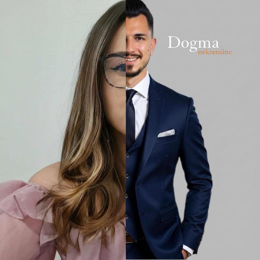 The image is split vertically, showing half of a woman on the left and half of a man in a suit on the right. The woman is wearing glasses and a pink top, while the man is wearing a blue suit with a white shirt and tie. The background is a neutral gray. There is text "Dogma nekretnine" on the right side of the image.