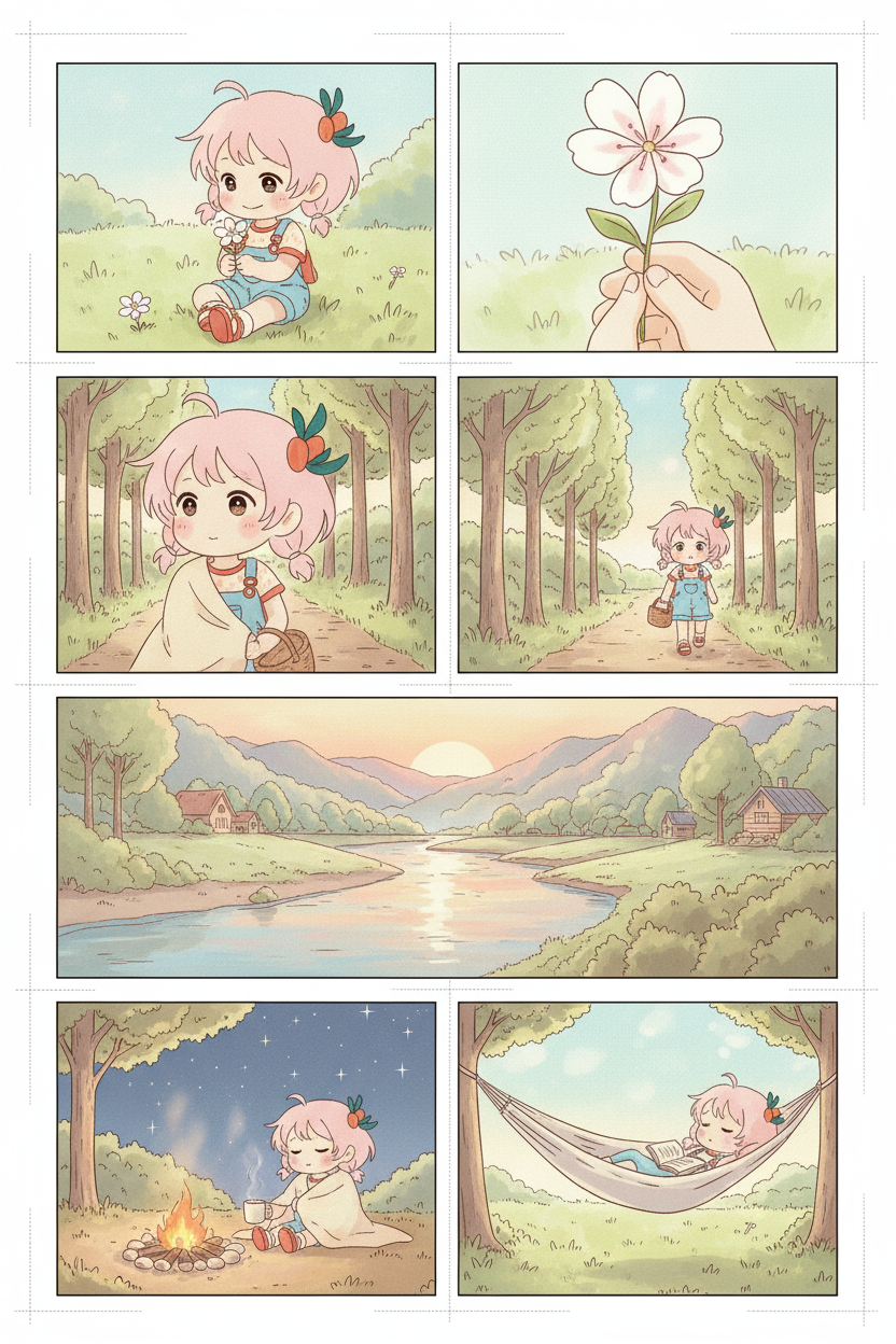 The image is a comic strip depicting a cute anime-style girl with pink hair enjoying nature. She is shown picking flowers, walking through a forest, enjoying a sunset by a river, sitting by a campfire at night, and reading in a hammock during the day. The overall tone is peaceful and wholesome.