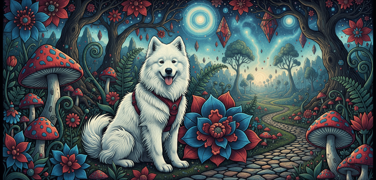 The image shows a white Samoyed dog sitting in a whimsical, enchanted forest. The forest is filled with colorful flowers, mushrooms, and a winding stone path. There are also floating crystals and a bright moon in the sky.