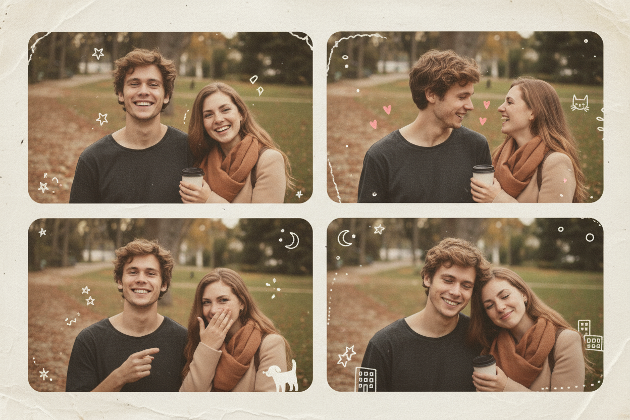 The image shows a collage of four photos featuring a young couple in an outdoor setting. They are smiling and appear to be enjoying each other's company. The photos are decorated with doodles.