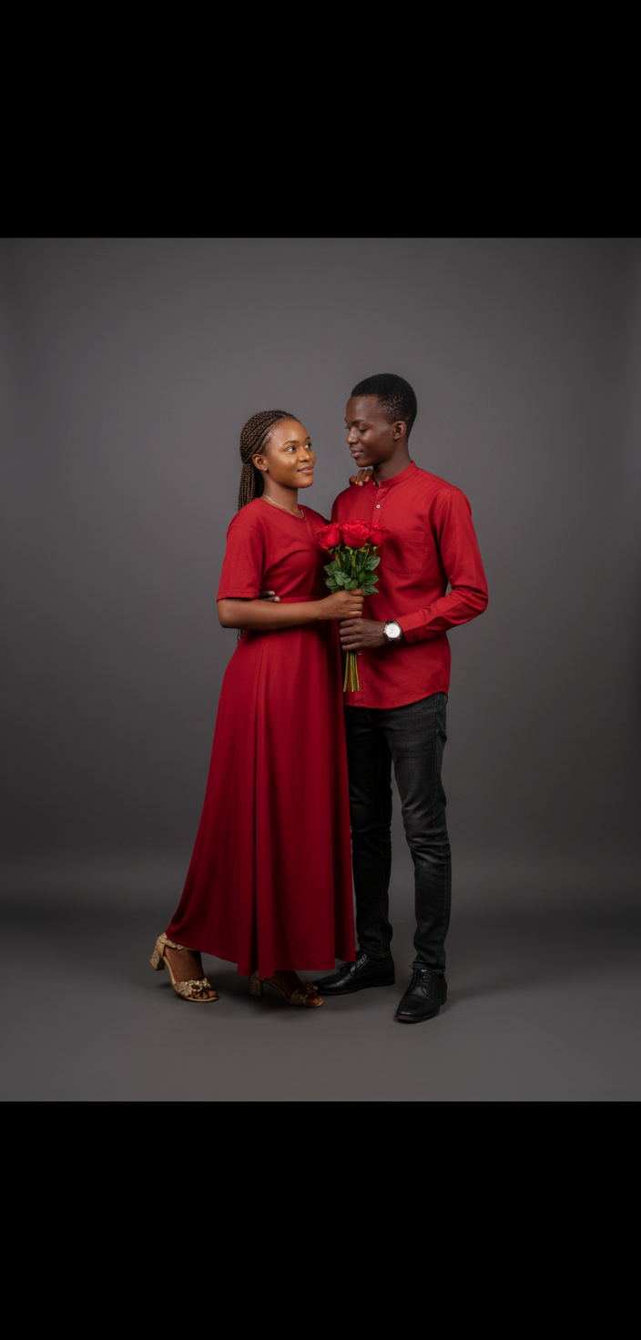 A young couple stands close together in a studio setting. The woman is wearing a long red dress and gold heels, while the man is wearing a red shirt, black jeans, and black shoes. He has his arm around her, and they are both holding a bouquet of red roses. They are looking at each other.