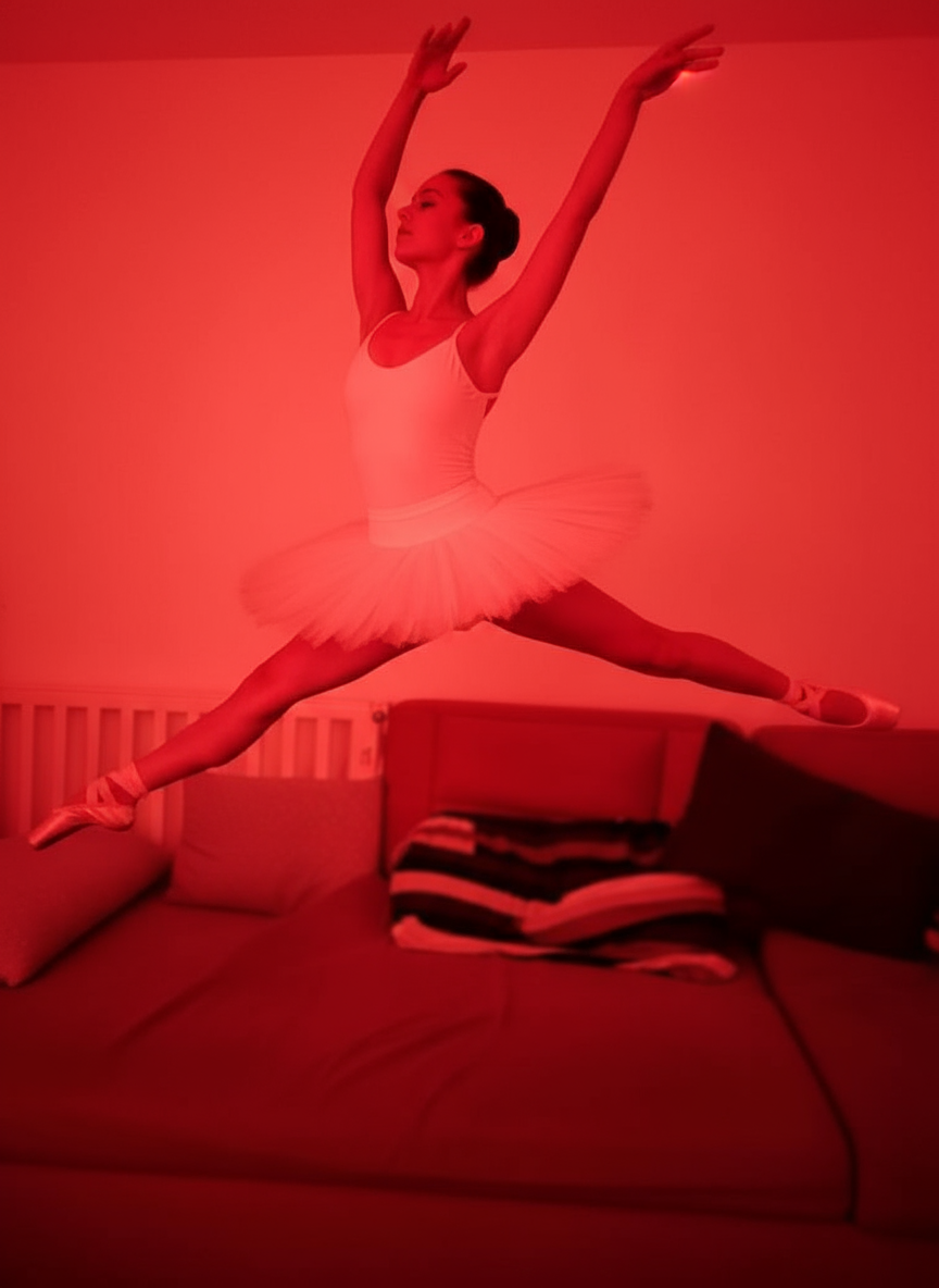 A ballerina in a white leotard and tutu is leaping in the air with her arms raised. The scene is bathed in red light.