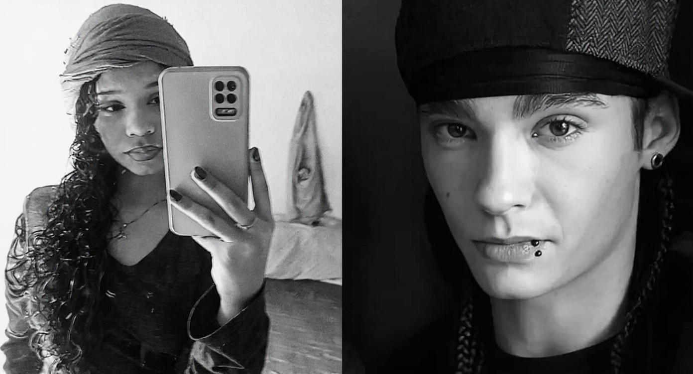 The image is a black and white split photo. On the left, a person with curly hair and a headscarf is taking a selfie with a phone. On the right, a person with a hat and lip piercings is looking at the camera.
