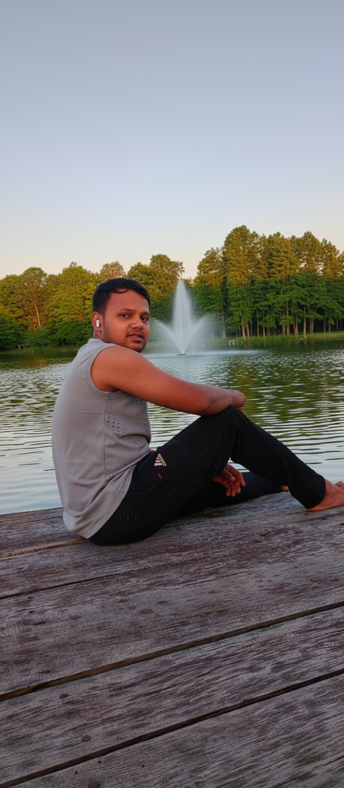 A man is sitting on a wooden dock by a lake with a fountain in the background. He is wearing a grey sleeveless shirt and black pants.