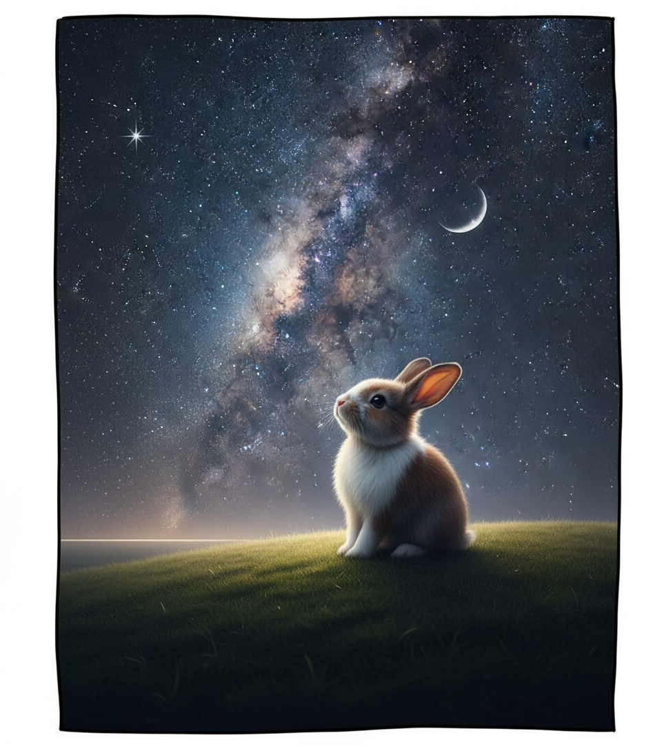 The image shows a cute rabbit sitting on a grassy hill, looking up at a starry night sky with the Milky Way and a crescent moon.