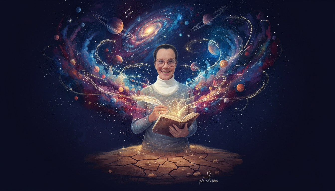 The image shows a woman holding a book and a quill pen, surrounded by planets, stars, and galaxies. It appears to be an artistic representation of knowledge, imagination, or the universe.