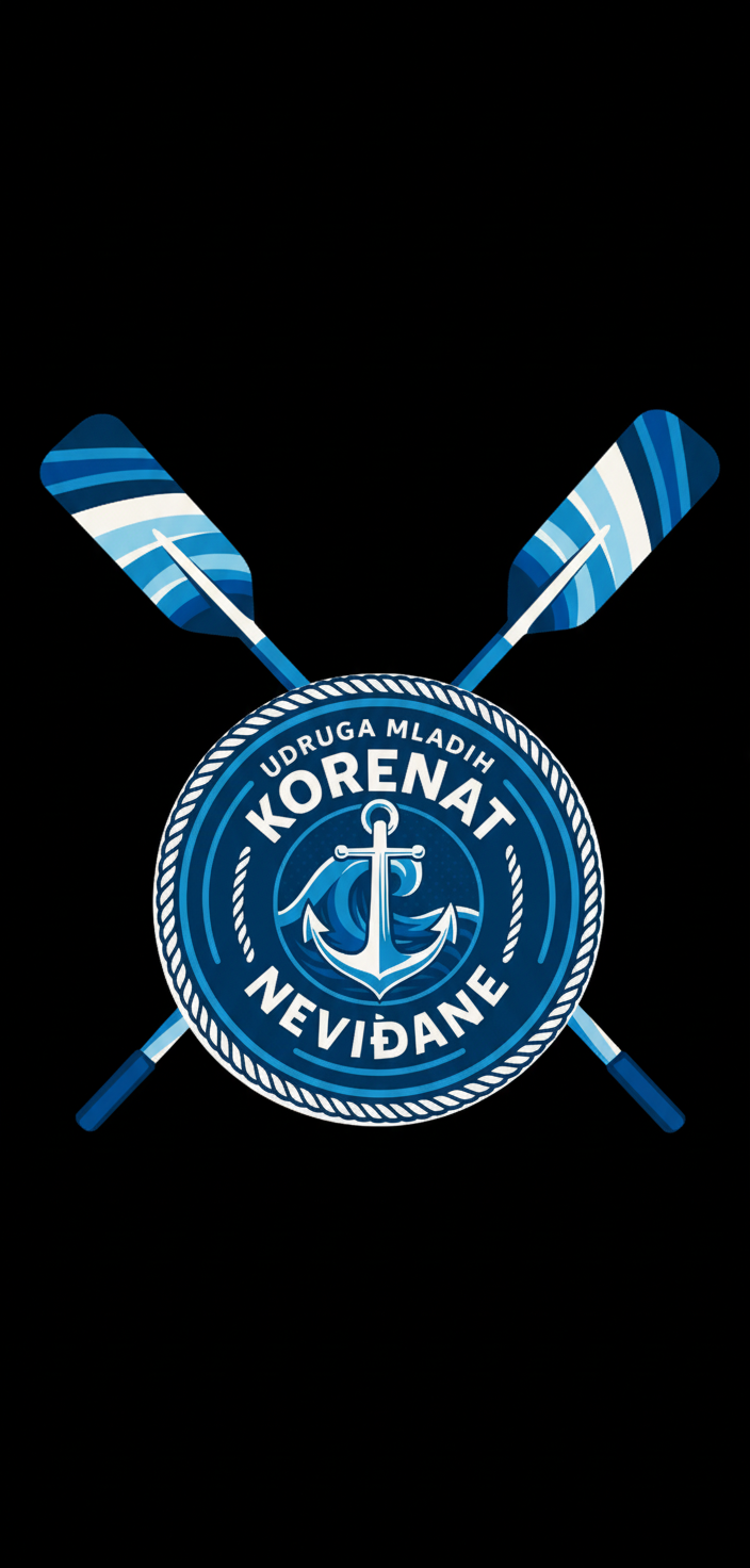 The image shows a blue and white logo with two crossed oars and an anchor inside a circle with text around it. The background is black.