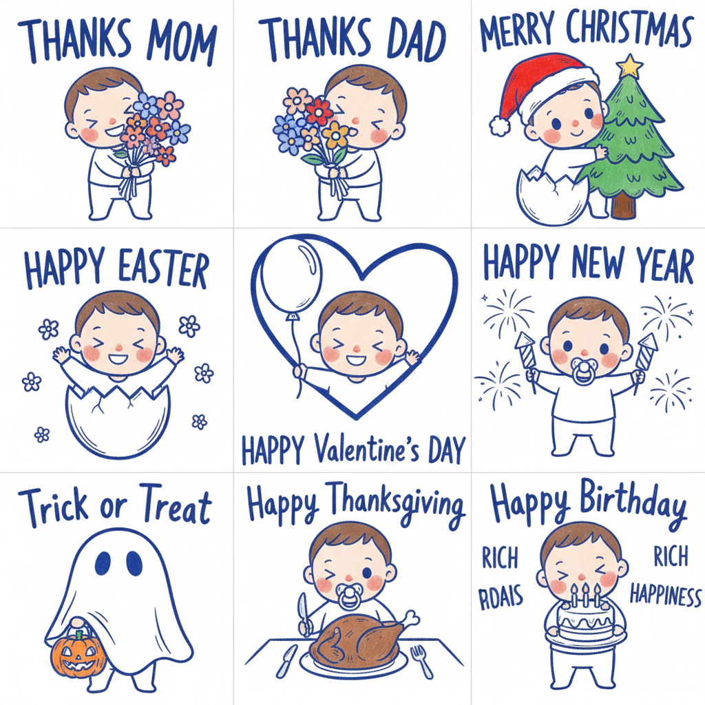 The image shows a collection of cute cartoon illustrations celebrating various holidays and occasions, including Mother's Day, Father's Day, Christmas, Easter, Valentine's Day, New Year, Halloween, Thanksgiving, and Birthday.