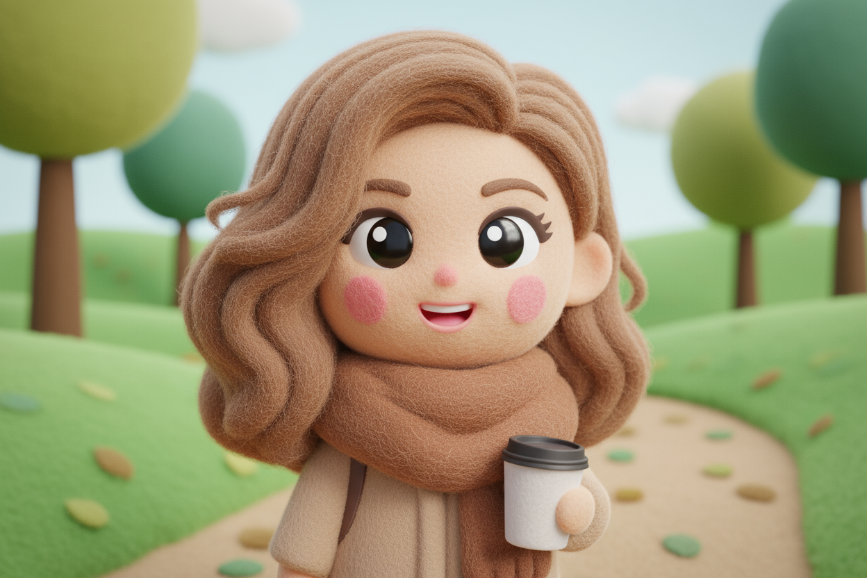 The image shows a cute, cartoon-style girl with brown curly hair, rosy cheeks, and a scarf, holding a coffee cup in a park-like setting with green trees and a path.