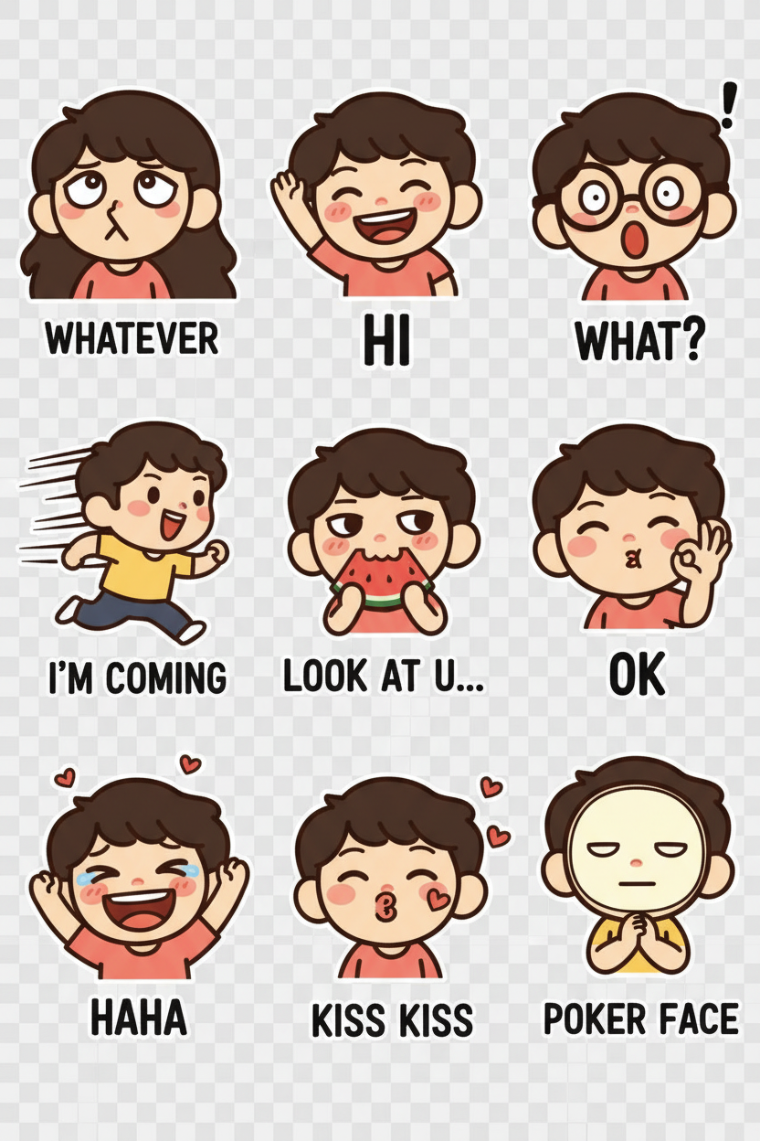 The image shows a collection of cartoon stickers with different facial expressions and corresponding text labels, such as 'Whatever', 'Hi', 'What?', 'I'm coming', 'Look at U...', 'OK', 'Haha', 'Kiss Kiss', and 'Poker Face'.