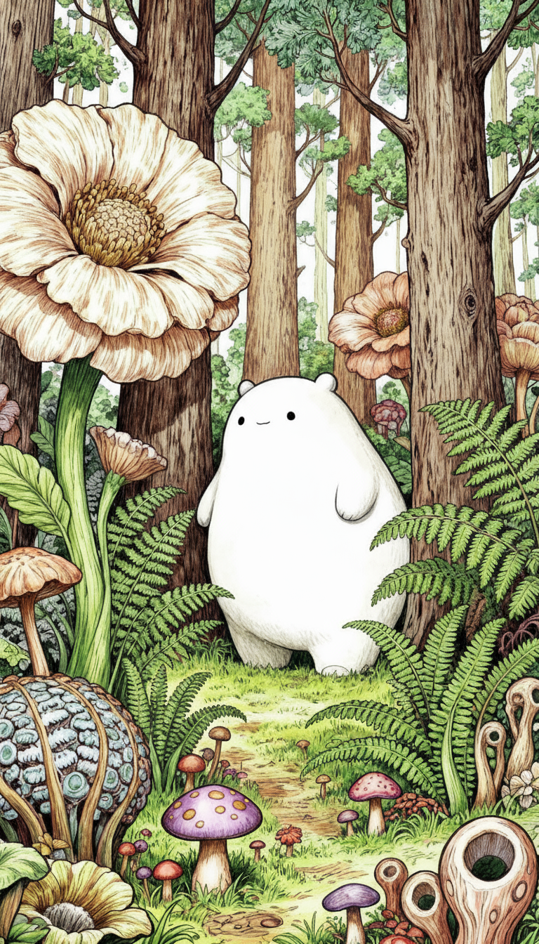 The image shows a cartoon-style illustration of a white bear-like creature standing in a forest. The forest is filled with large flowers, mushrooms, ferns, and tall trees.