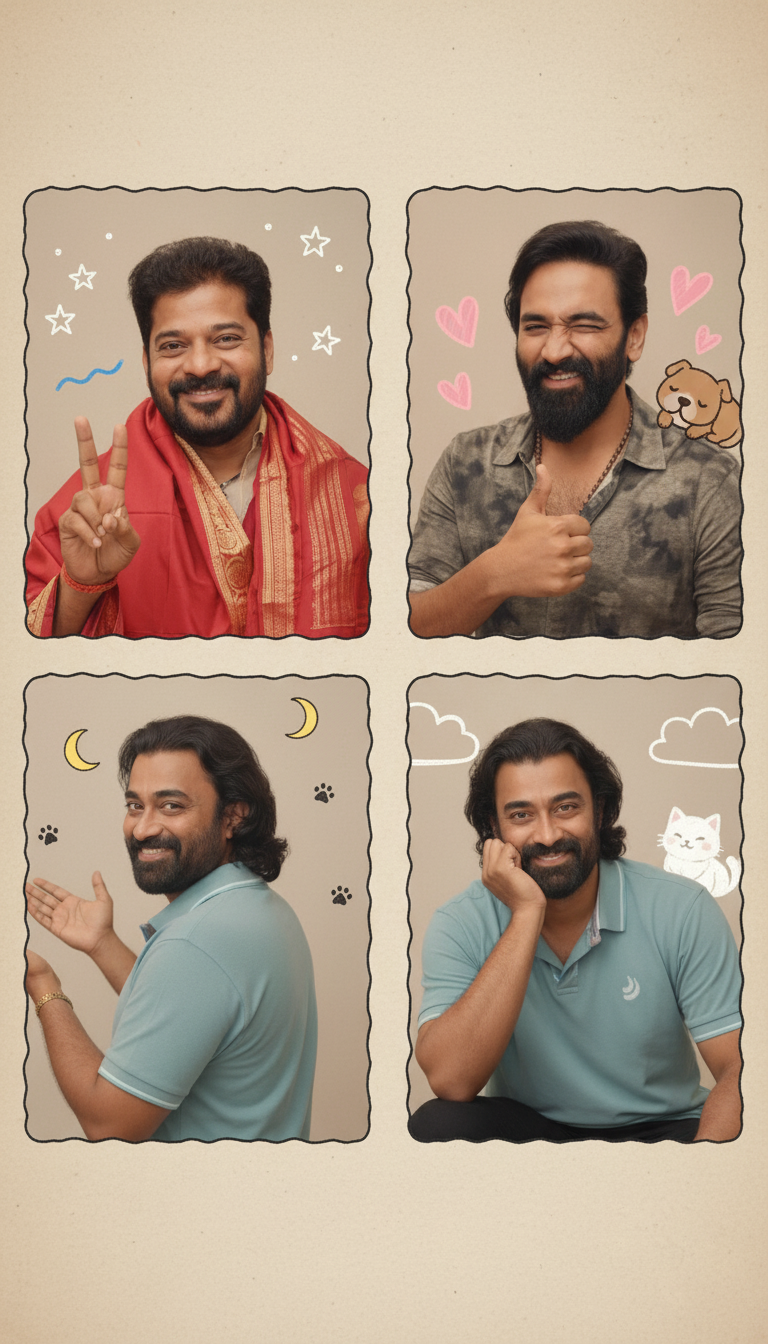The image shows a collage of four portraits of two men with beards, each in a different pose and outfit, surrounded by cartoonish doodles like stars, hearts, a dog, a moon, paw prints, clouds, and a cat. It appears to be a lighthearted and playful image.