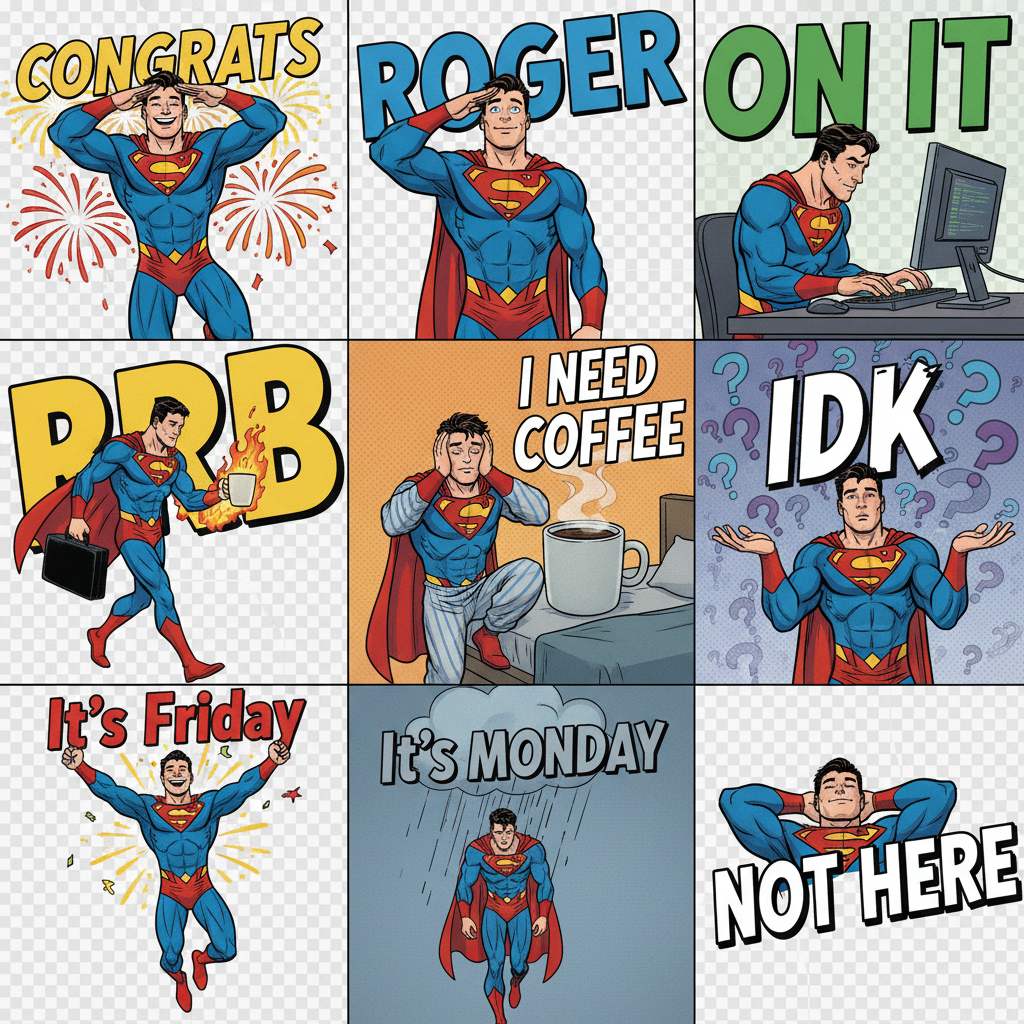 The image is a collage of nine panels, each depicting Superman in different scenarios related to work and daily life. The panels include phrases like "Congrats", "Roger on it", "PRB", "I need coffee", "IDK", "It's Friday", "It's Monday", and "Not here", suggesting various moods and situations.