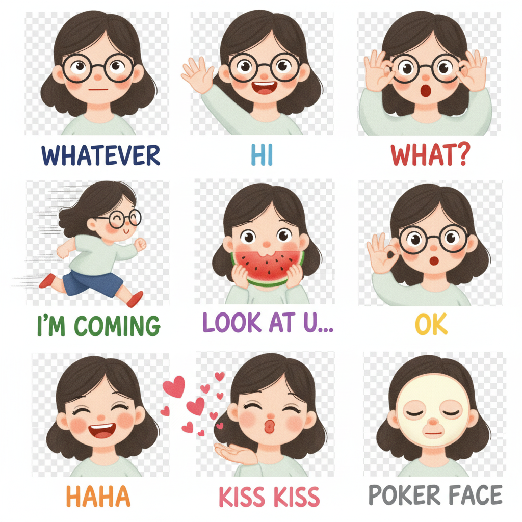 The image shows a cartoon girl with glasses expressing different emotions and actions, labeled with words like 'WHATEVER', 'HI', 'WHAT?', 'I'M COMING', 'LOOK AT U...', 'OK', 'HAHA', 'KISS KISS', and 'POKER FACE'.