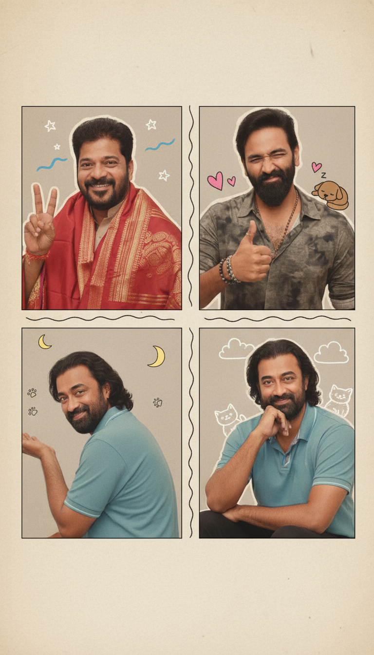 The image shows a collage of four portraits of a man with a beard. Each portrait has a different background and pose, with cartoonish elements like stars, hearts, a sleeping dog, moons, paw prints, clouds, and cats added around the man. The man is fully clothed in all the portraits.