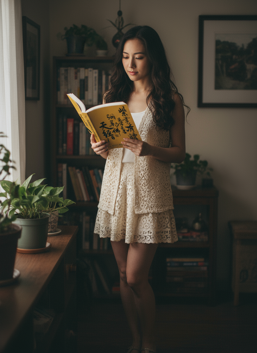A woman is standing in a room and reading a book. There are bookshelves and plants in the background.